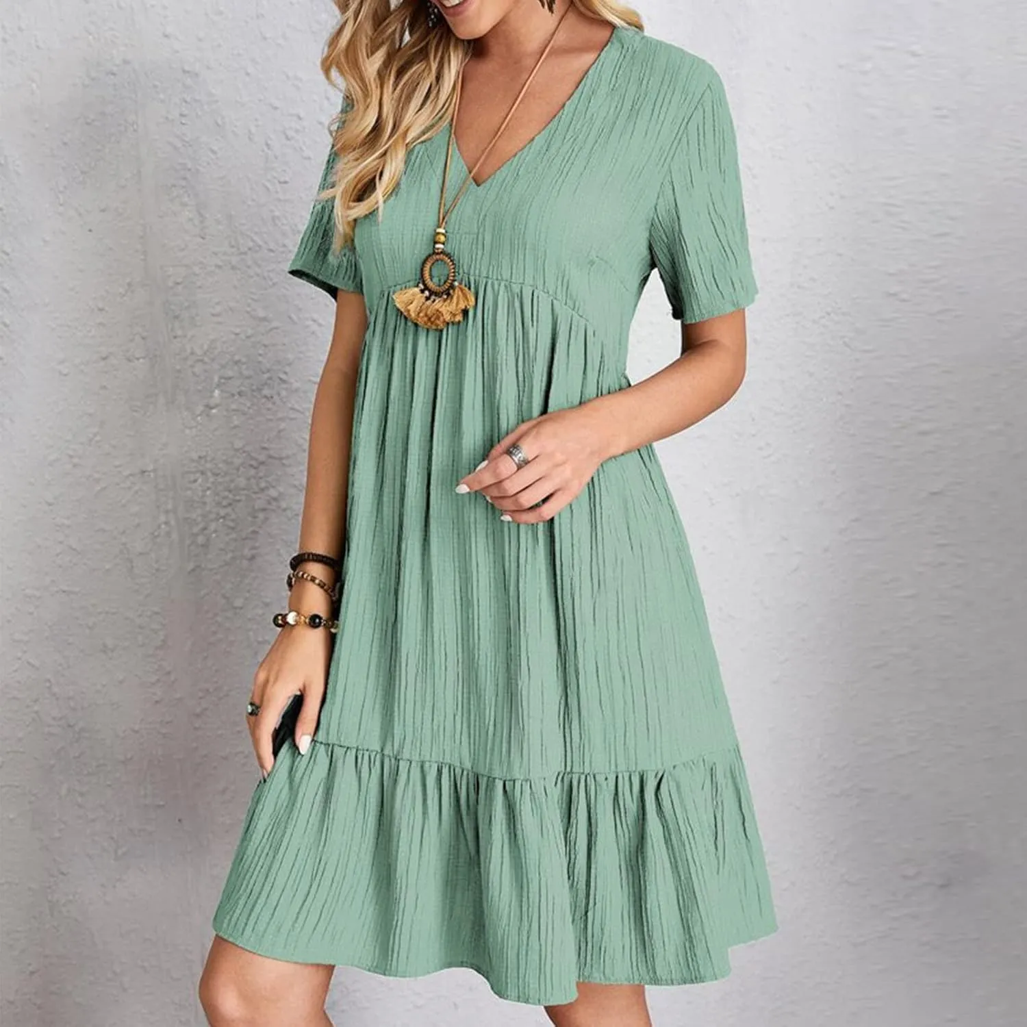 Womens Summer Ruffle Hem Dress Short Sleeve V Neck Sundress Boho Pleated Tank Dresses Casual Dressy Swing Dress