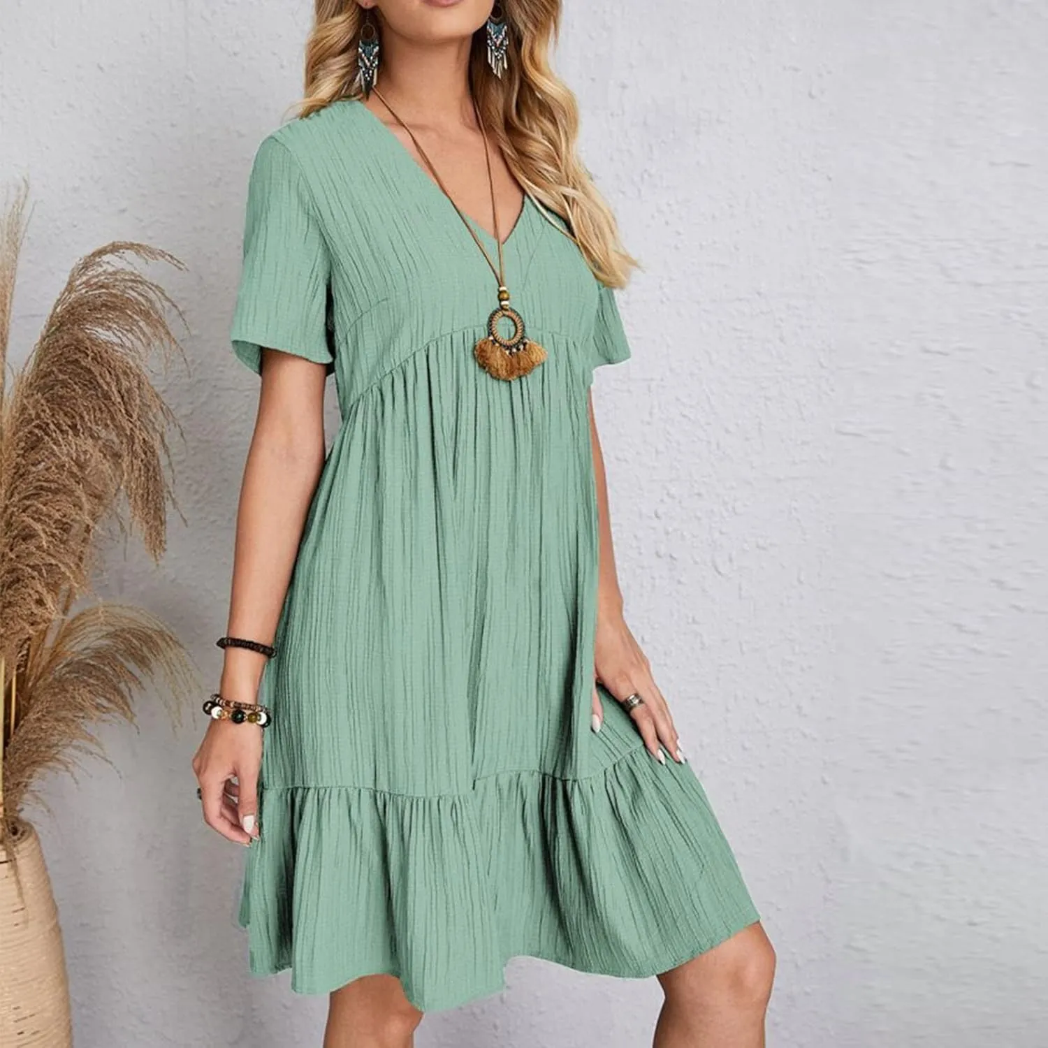 Womens Summer Ruffle Hem Dress Short Sleeve V Neck Sundress Boho Pleated Tank Dresses Casual Dressy Swing Dress