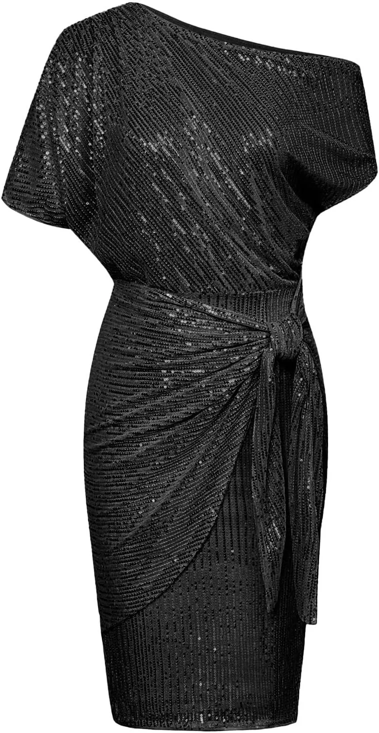 Women's Summer Sexy Elegant Trendy Cold One Shoulder Short Sleeve Sequins Solid Color Prom Party Cocktail Midi Dresses