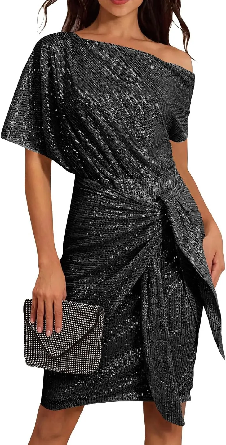 Women's Summer Sexy Elegant Trendy Cold One Shoulder Short Sleeve Sequins Solid Color Prom Party Cocktail Midi Dresses