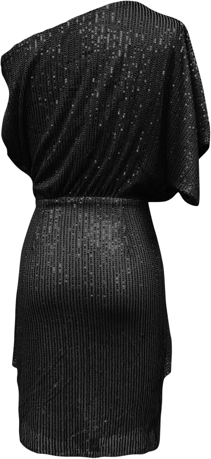 Women's Summer Sexy Elegant Trendy Cold One Shoulder Short Sleeve Sequins Solid Color Prom Party Cocktail Midi Dresses