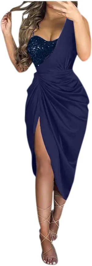 Women's Summer Sexy Elegant Trendy Solid Color Cold Shoulder Sequins Split Party Cocktail Prom Dress 2025, S-3XL