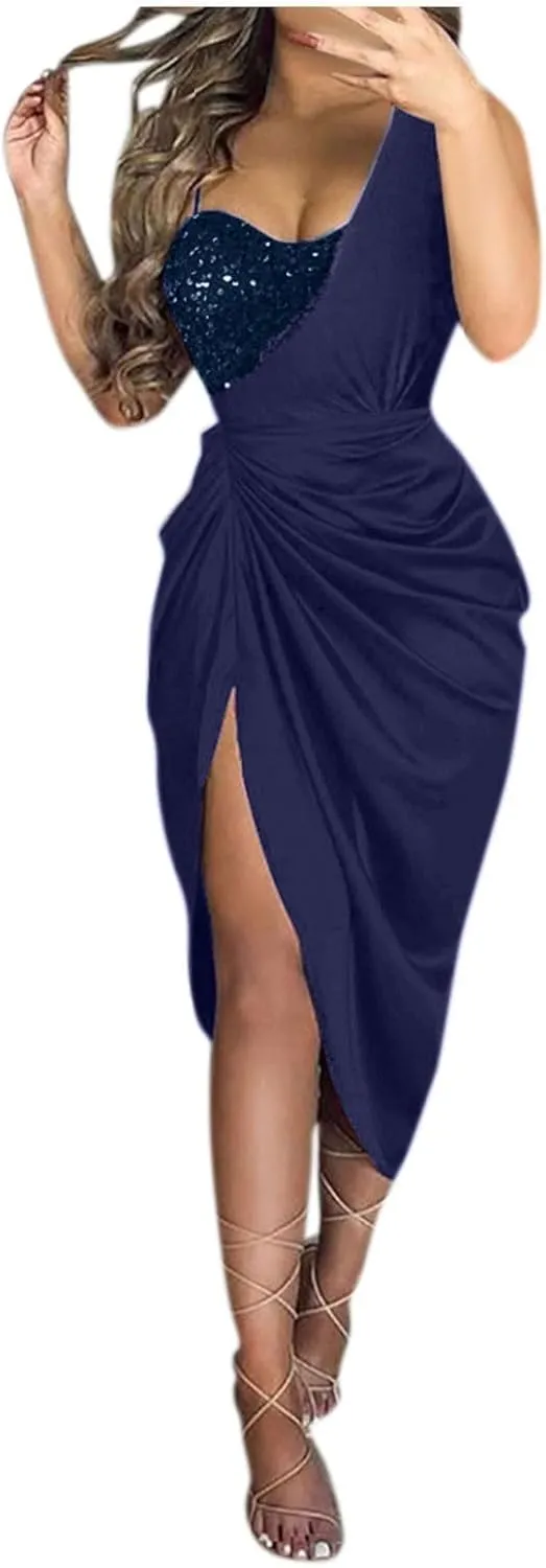 Women's Summer Sexy Elegant Trendy Solid Color Cold Shoulder Sequins Split Party Cocktail Prom Dress 2025, S-3XL