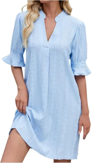 Women's Summer Short Sleeve Mini Dress Notch V Neck Ruffle Hollow Out Eyelet Dresses Flare Sleeves Loose Tunic Dress