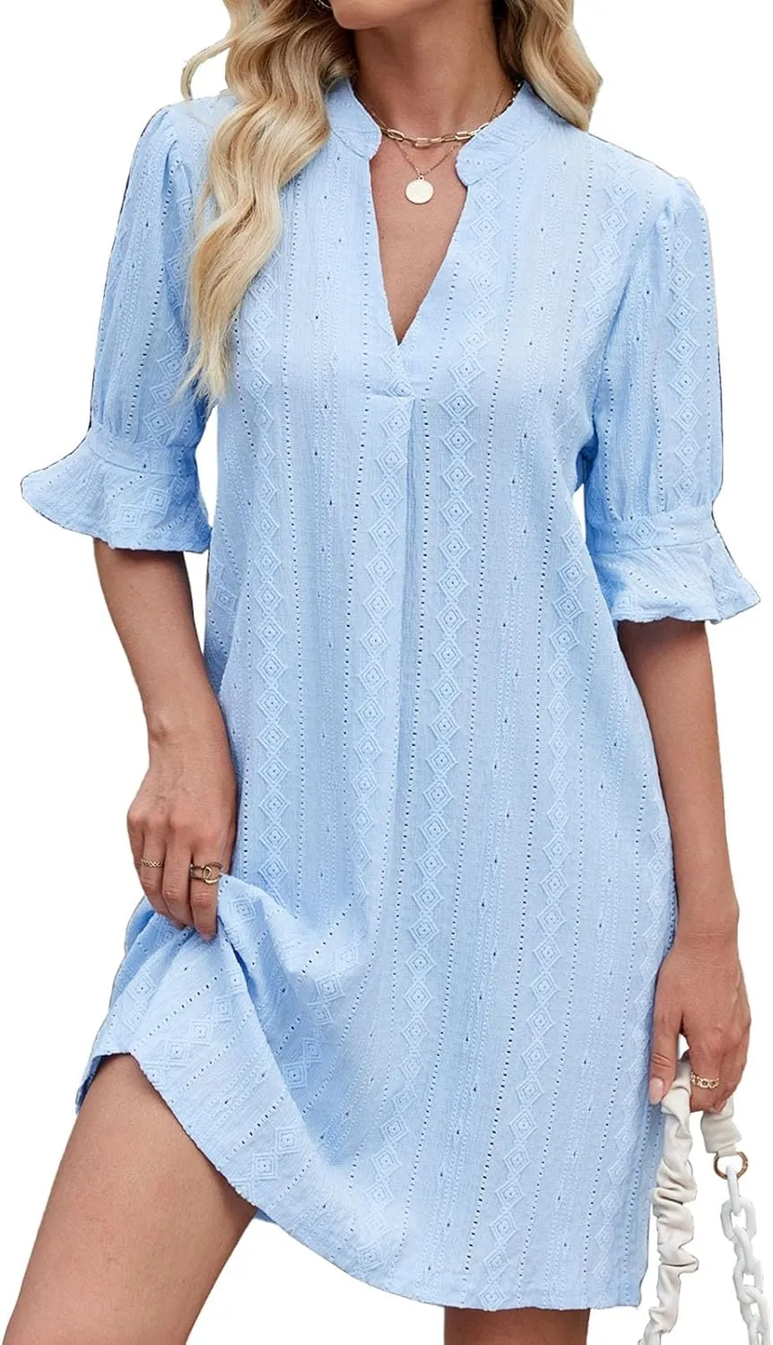 Women's Summer Short Sleeve Mini Dress Notch V Neck Ruffle Hollow Out Eyelet Dresses Flare Sleeves Loose Tunic Dress