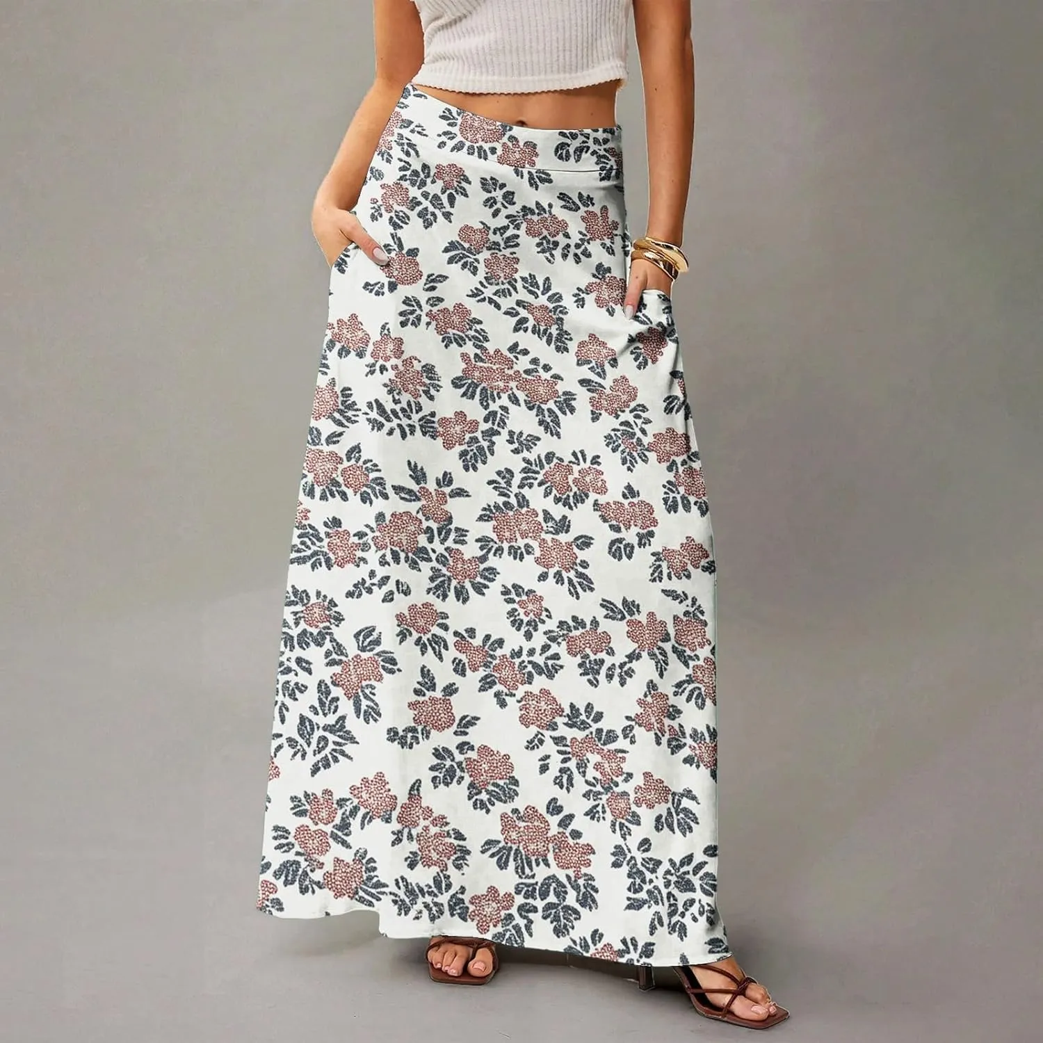Women's Summer Skirt Trendy 2025 Floral A-Line Elastic High Waisted Skirts with Pockets Cute Elegant Boho Skirt