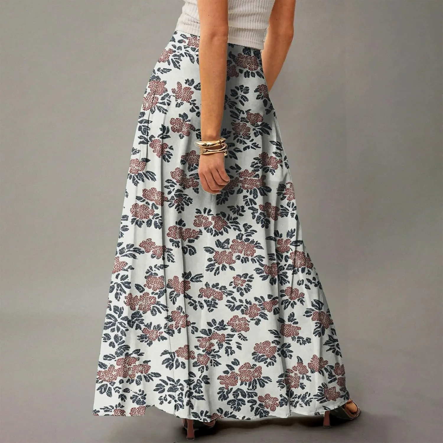 Women's Summer Skirt Trendy 2025 Floral A-Line Elastic High Waisted Skirts with Pockets Cute Elegant Boho Skirt