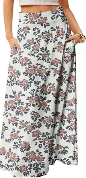 Women's Summer Skirt Trendy 2025 Floral A-Line Elastic High Waisted Skirts with Pockets Cute Elegant Boho Skirt