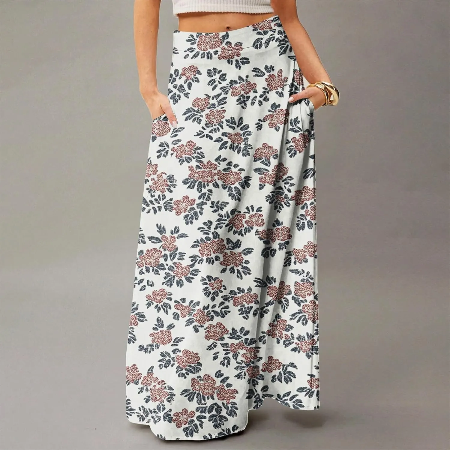 Women's Summer Skirt Trendy 2025 Floral A-Line Elastic High Waisted Skirts with Pockets Cute Elegant Boho Skirt