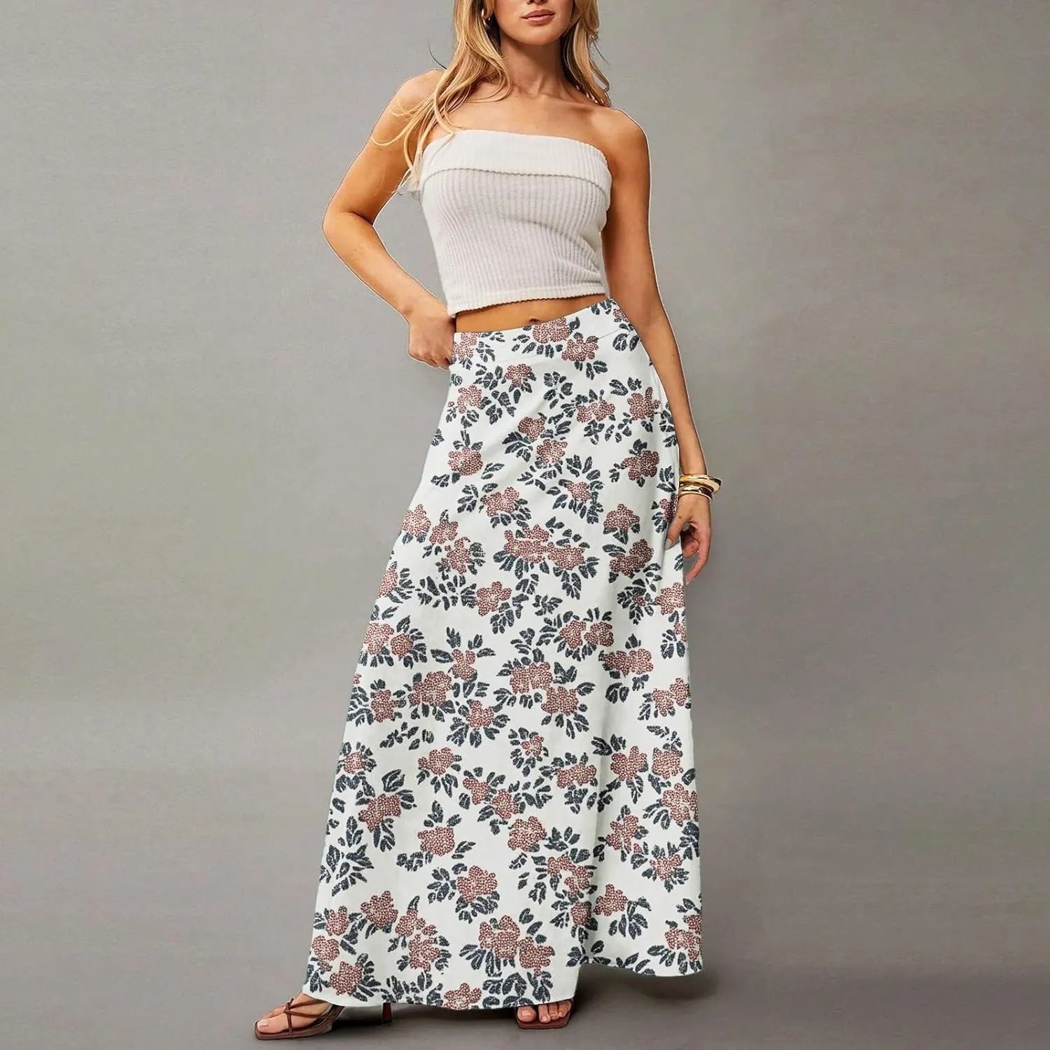 Women's Summer Skirt Trendy 2025 Floral A-Line Elastic High Waisted Skirts with Pockets Cute Elegant Boho Skirt