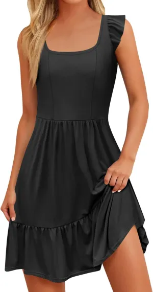 Womens Summer Sleeveless A Line Short Sundress 2025 Casual Printed Pleated Vacation Dress Boho U Neck Swing Dresses