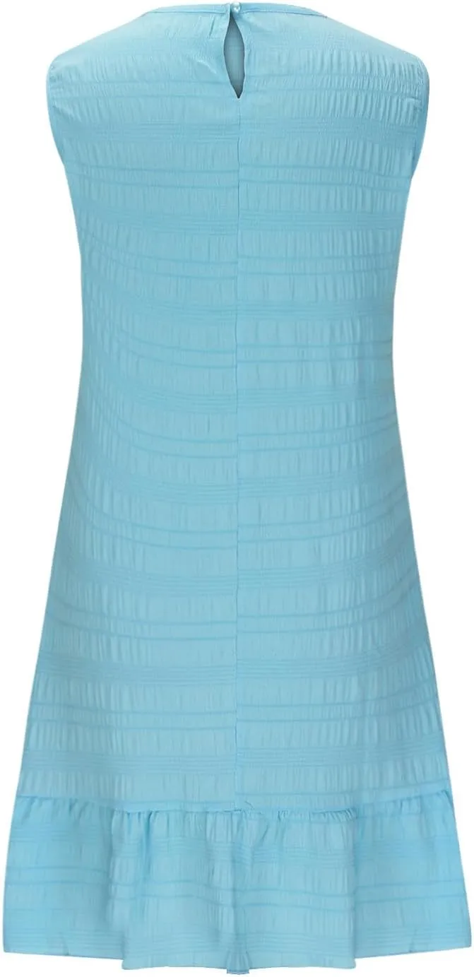 Women's Summer Sleeveless Mini Dress Fashion Basic Round Neck Short Dresses Casual Trendy Ruffle Patchwork Dress