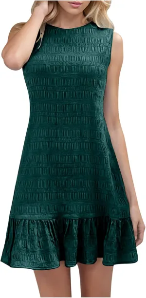 Women's Summer Sleeveless Mini Dress Fashion Basic Round Neck Short Dresses Casual Trendy Ruffle Patchwork Dress