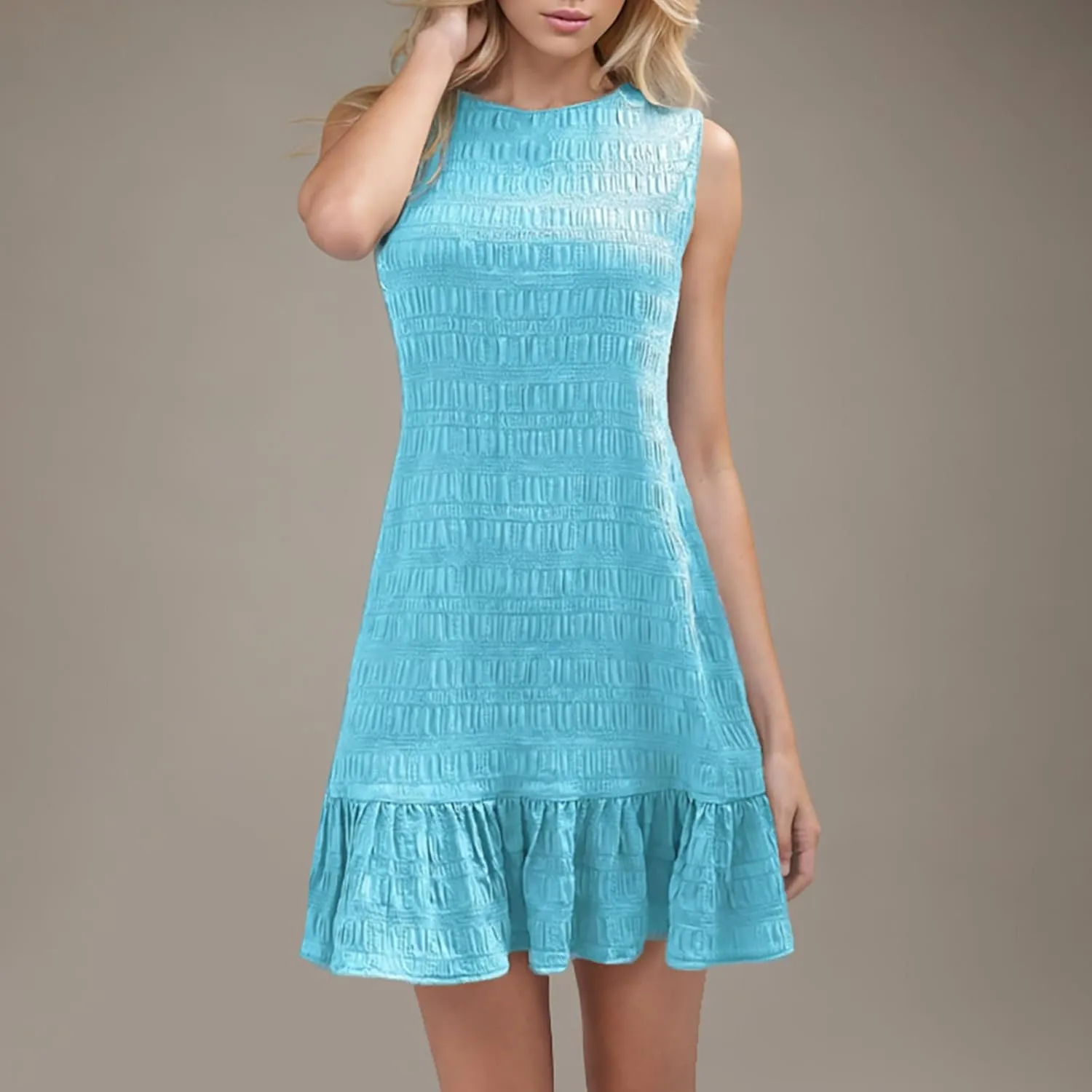 Women's Summer Sleeveless Mini Dress Fashion Basic Round Neck Short Dresses Casual Trendy Ruffle Patchwork Dress