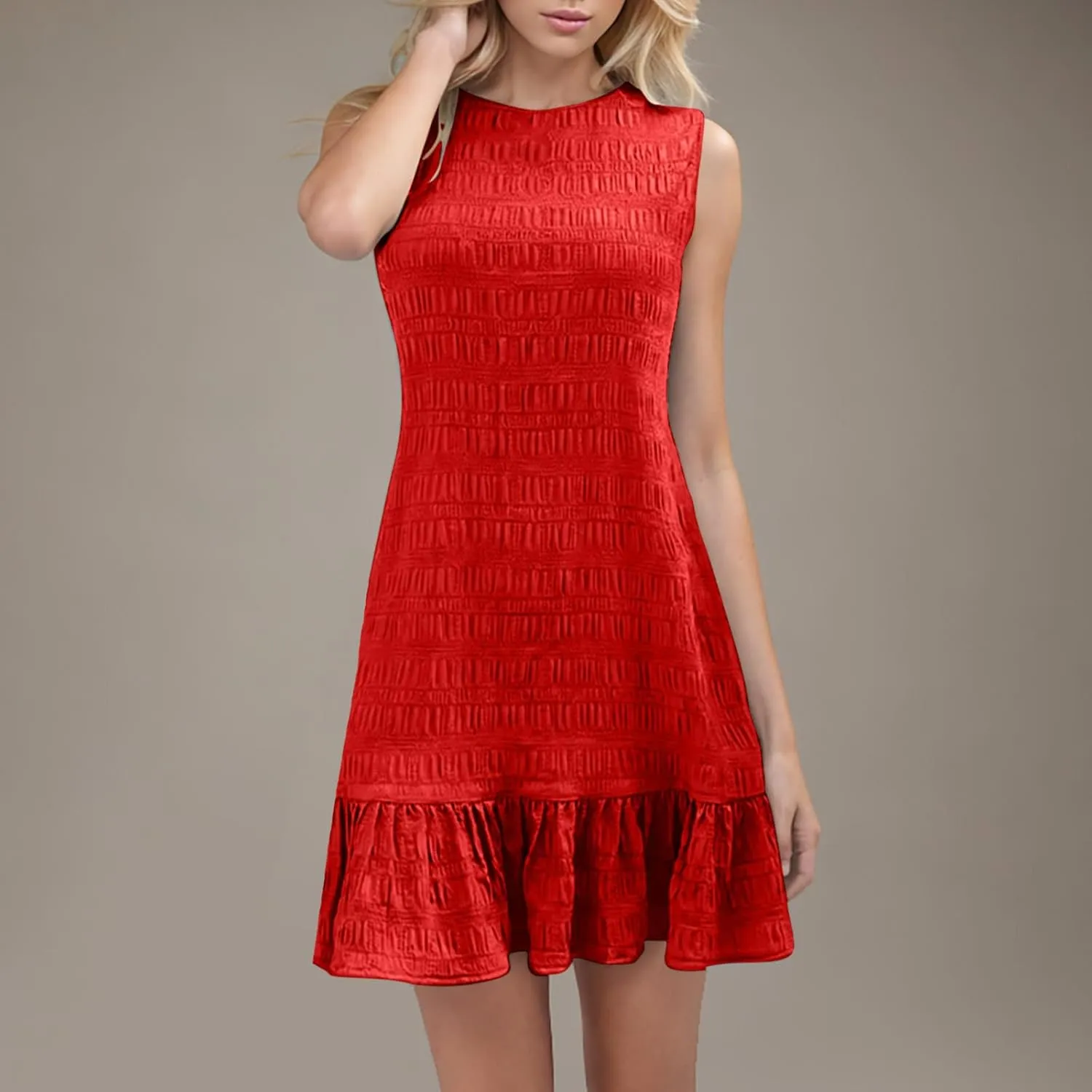 Women's Summer Sleeveless Mini Dress Fashion Basic Round Neck Short Dresses Casual Trendy Ruffle Patchwork Dress