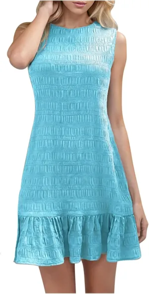 Women's Summer Sleeveless Mini Dress Fashion Basic Round Neck Short Dresses Casual Trendy Ruffle Patchwork Dress