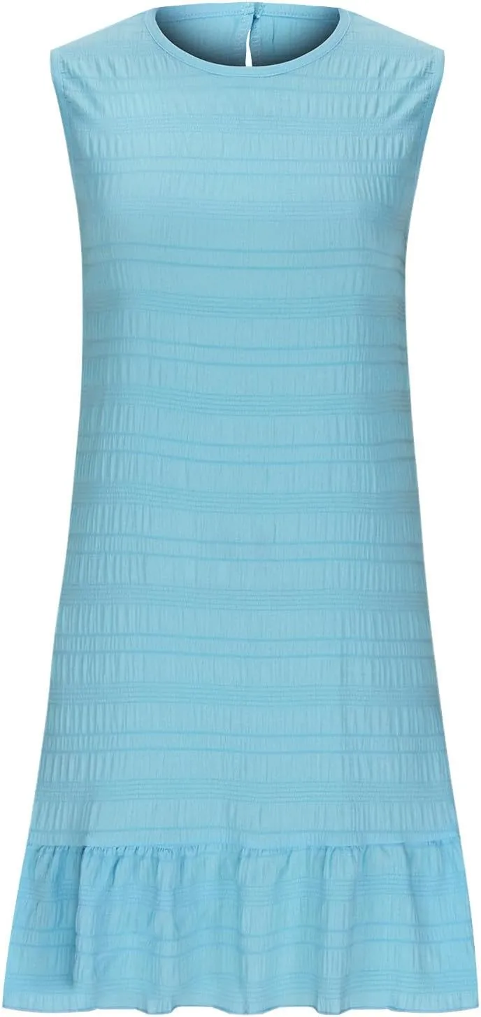 Women's Summer Sleeveless Mini Dress Fashion Basic Round Neck Short Dresses Casual Trendy Ruffle Patchwork Dress