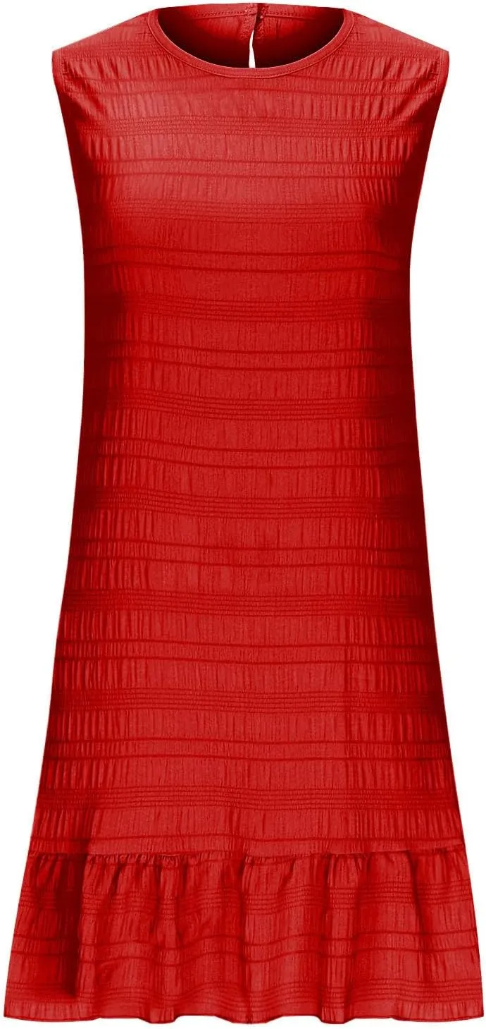 Women's Summer Sleeveless Mini Dress Fashion Basic Round Neck Short Dresses Casual Trendy Ruffle Patchwork Dress