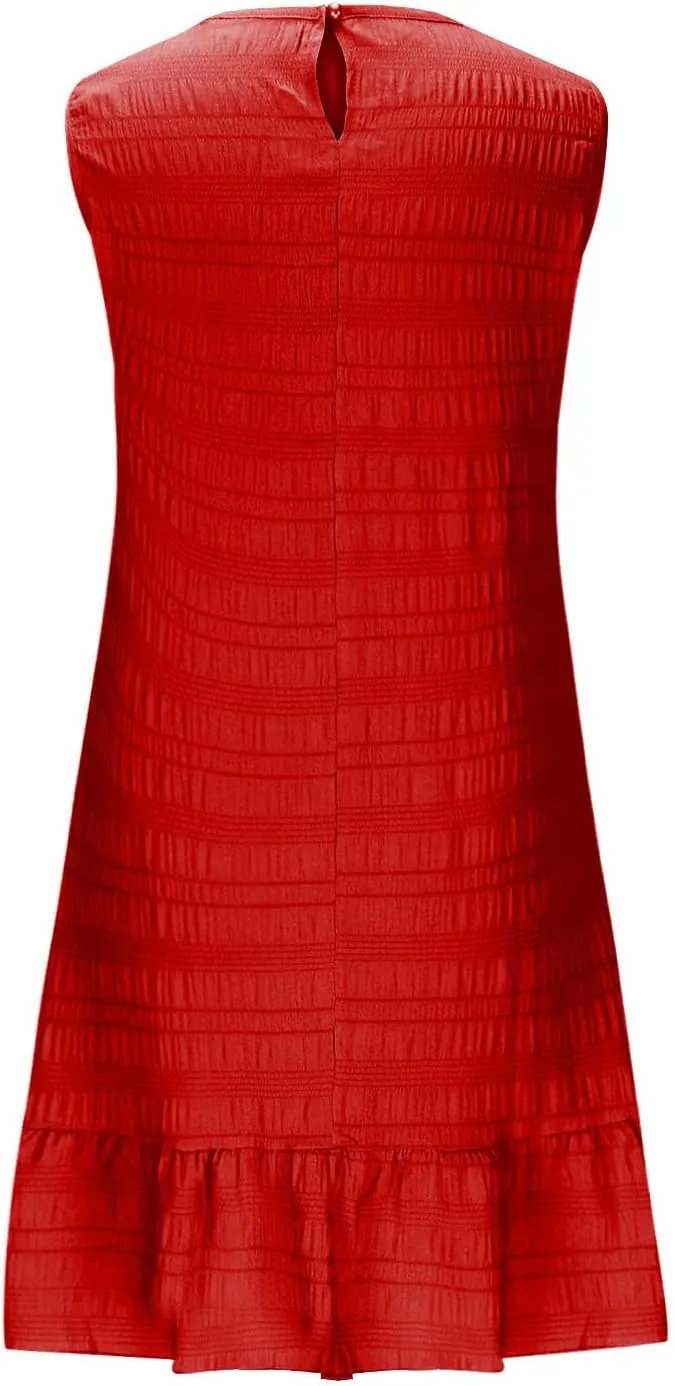 Women's Summer Sleeveless Mini Dress Fashion Basic Round Neck Short Dresses Casual Trendy Ruffle Patchwork Dress