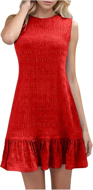 Women's Summer Sleeveless Mini Dress Fashion Basic Round Neck Short Dresses Casual Trendy Ruffle Patchwork Dress