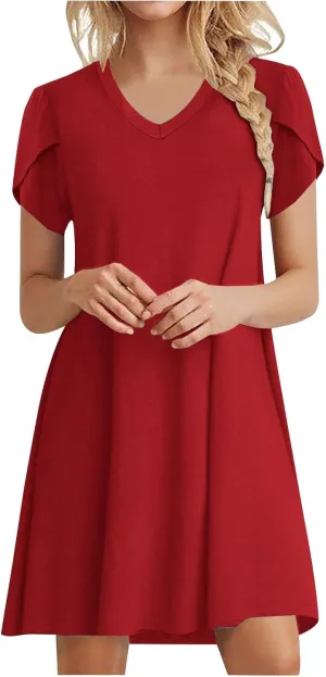 Women's Summer V Neck Mini Dresses 2025 Casual Petal Short Sleeve Flowy Dress Trendy Loose Beach Holiday Dress