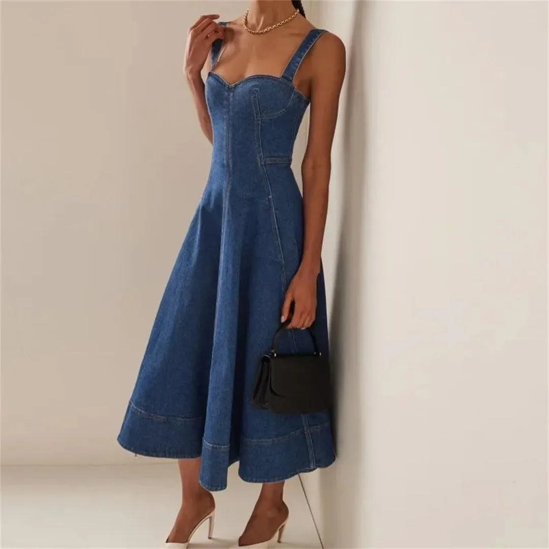 Women's Suspender Dress for Backless Sexy Retro Denim Long Skirt