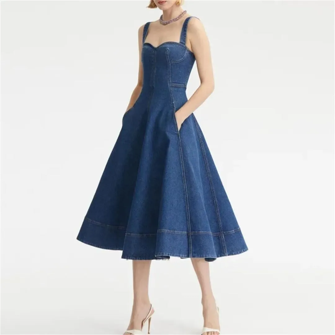 Women's Suspender Dress for Backless Sexy Retro Denim Long Skirt