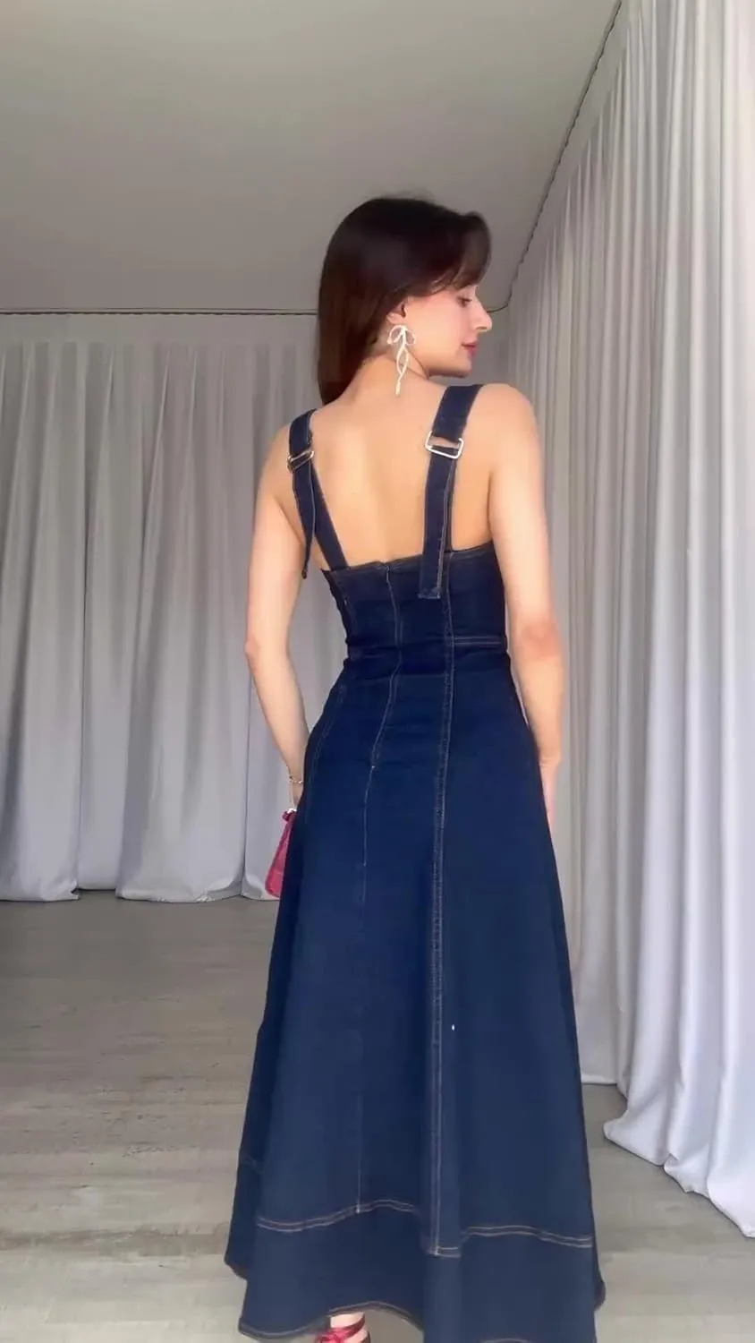 Women's Suspender Dress for Backless Sexy Retro Denim Long Skirt