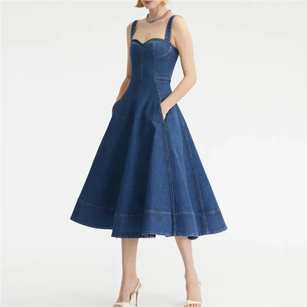 Women's Suspender Dress for Backless Sexy Retro Denim Long Skirt