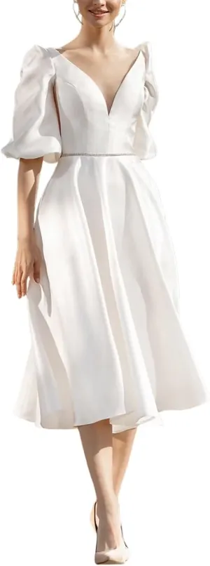 Women's Tea Length Wedding Dresses for Bride Satin Simple A Line Midi Formal Bridal Dress with Sleeves