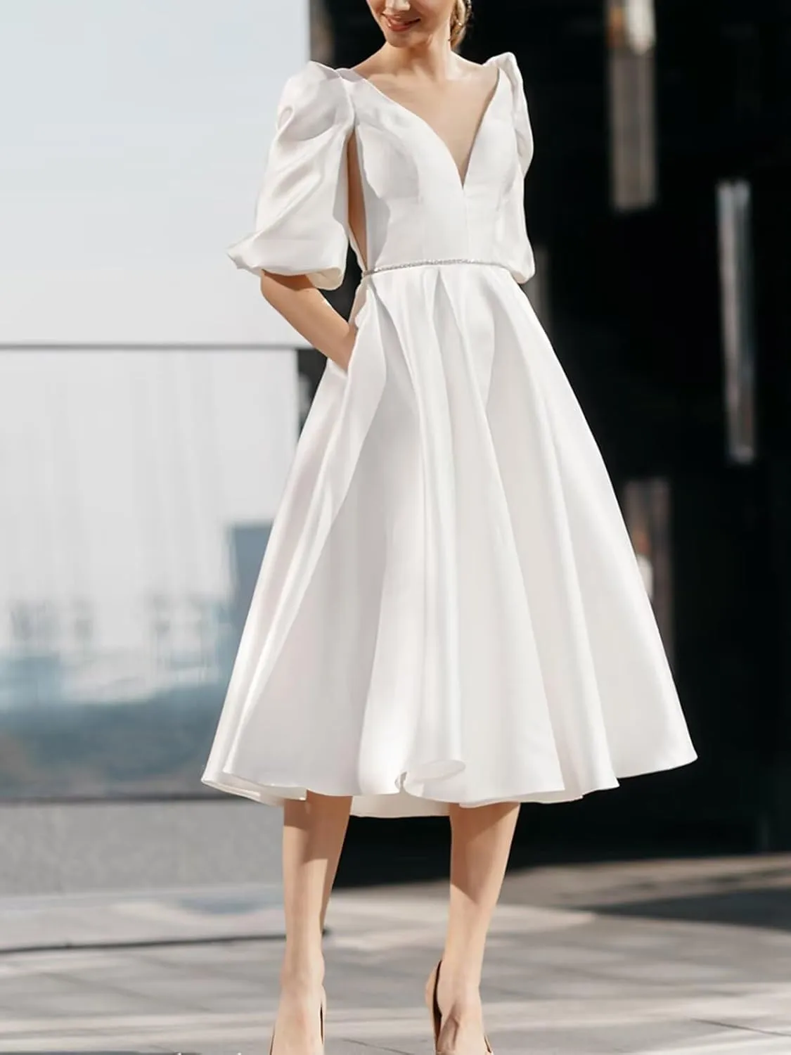 Women's Tea Length Wedding Dresses for Bride Satin Simple A Line Midi Formal Bridal Dress with Sleeves