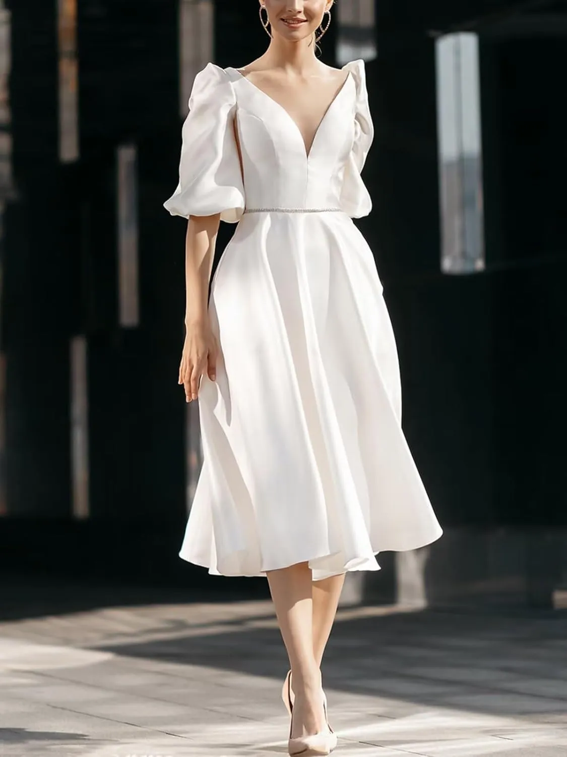 Women's Tea Length Wedding Dresses for Bride Satin Simple A Line Midi Formal Bridal Dress with Sleeves