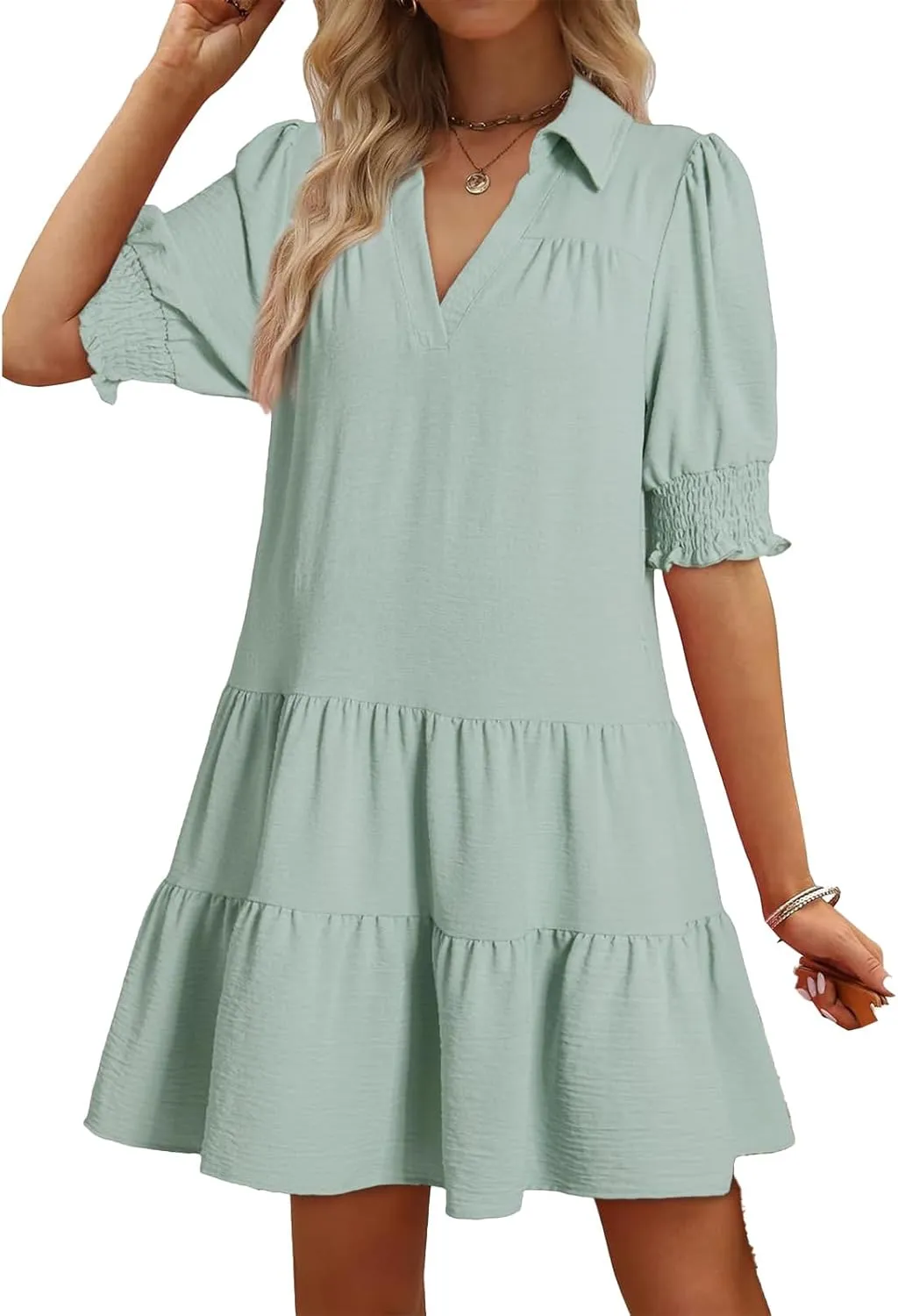 Womens Trendy Ruffle Short Sleeve Dresses 2025 Summer V Neck Pleated Flowy Tiered Mini Beach Dress