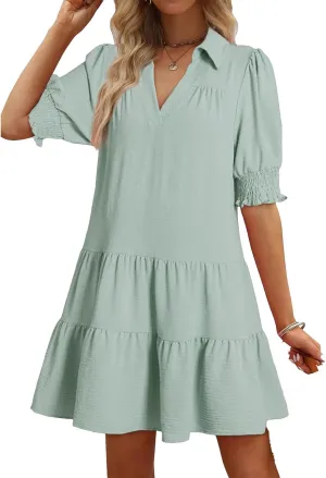Womens Trendy Ruffle Short Sleeve Dresses 2025 Summer V Neck Pleated Flowy Tiered Mini Beach Dress