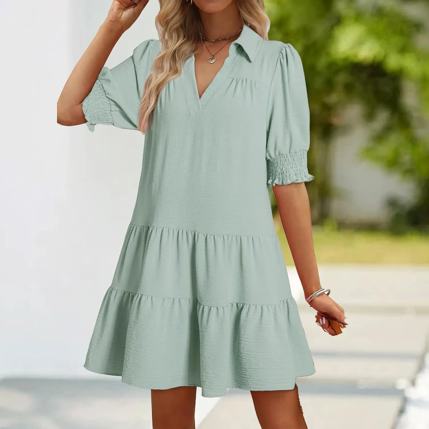 Womens Trendy Ruffle Short Sleeve Dresses 2025 Summer V Neck Pleated Flowy Tiered Mini Beach Dress