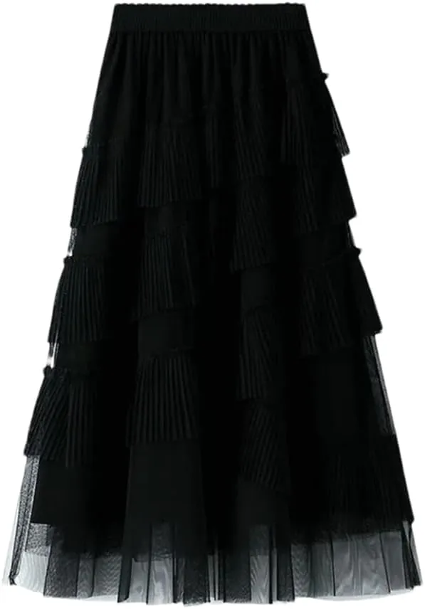 Women's Tulle Multi-Layer Cake Skirt Party Pleated Net Stretch High Waist Midi Skirts
