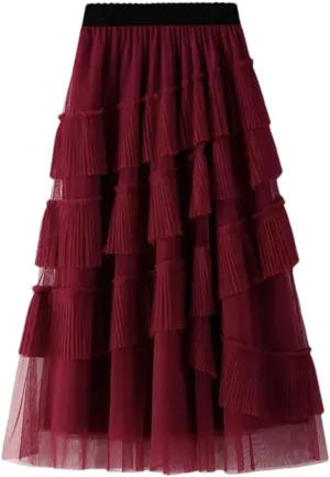 Women's Tulle Multi-Layer Cake Skirt Party Pleated Net Stretch High Waist Midi Skirts