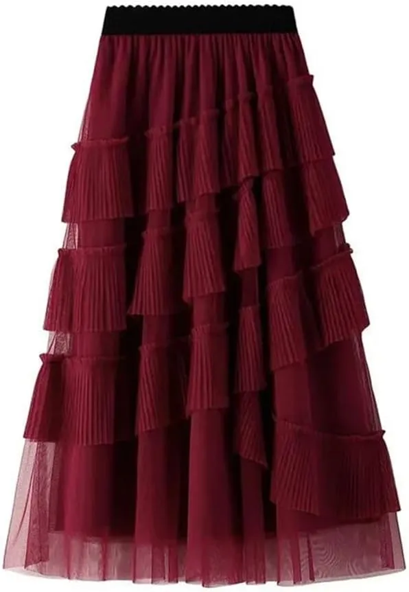 Women's Tulle Multi-Layer Cake Skirt Party Pleated Net Stretch High Waist Midi Skirts