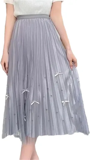 Women's Tulle Skirt High Waist Stretch Casual Beaded A-Line Pleated Solid Midi Skirts