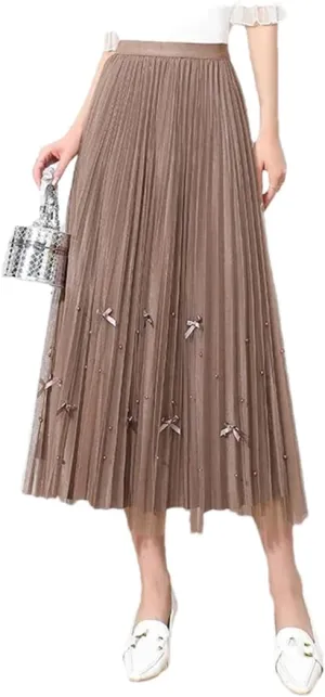 Women's Tulle Skirt High Waist Stretch Casual Beaded A-Line Pleated Solid Midi Skirts