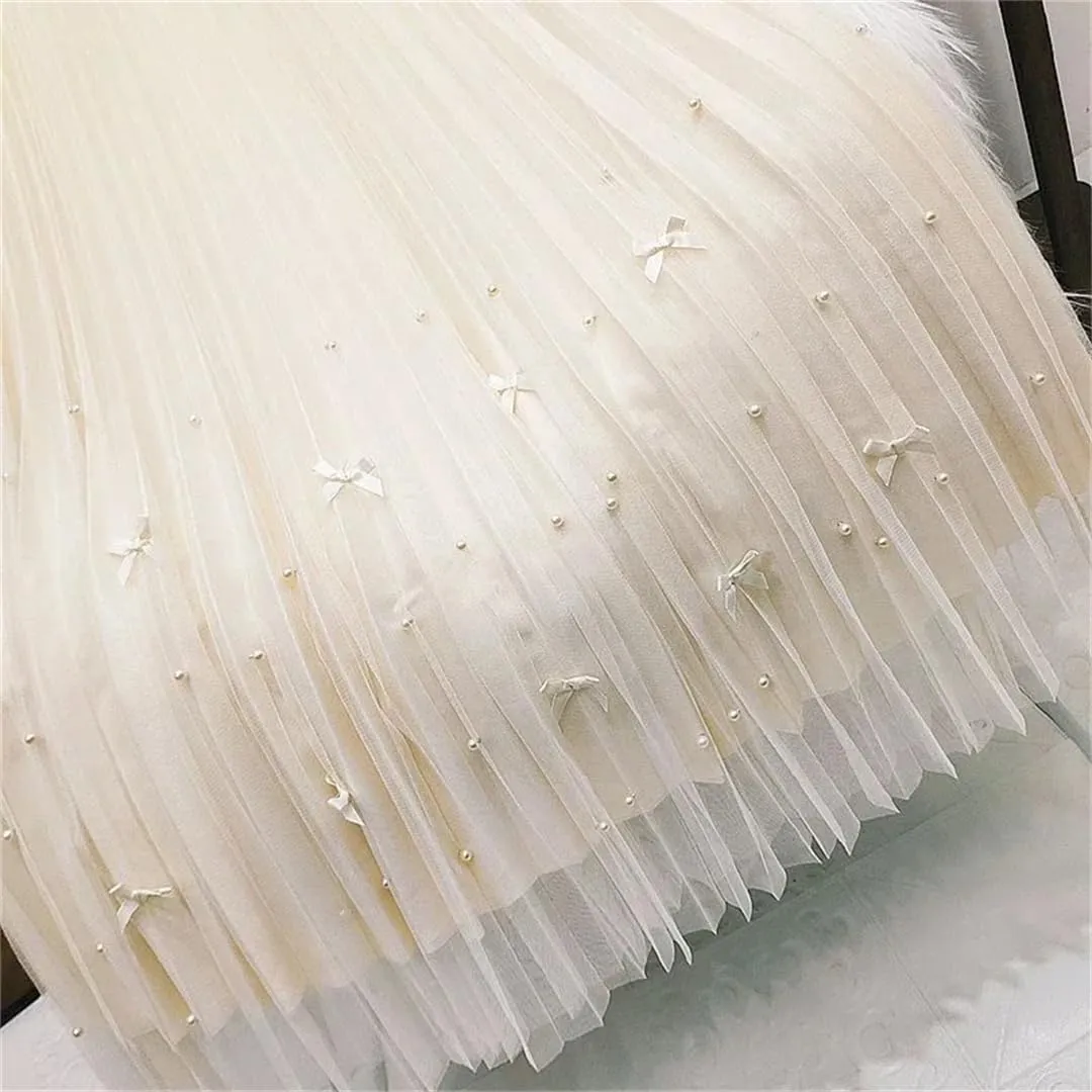 Women's Tulle Skirt High Waist Stretch Casual Beaded A-Line Pleated Solid Midi Skirts