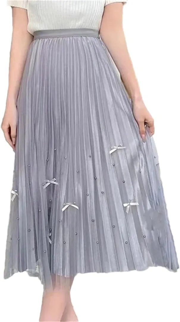 Women's Tulle Skirt High Waist Stretch Casual Beaded A-Line Pleated Solid Midi Skirts