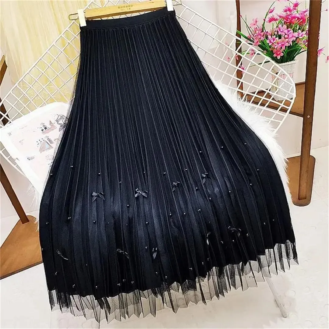 Women's Tulle Skirt High Waist Stretch Casual Beaded A-Line Pleated Solid Midi Skirts