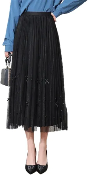 Women's Tulle Skirt High Waist Stretch Casual Beaded A-Line Pleated Solid Midi Skirts