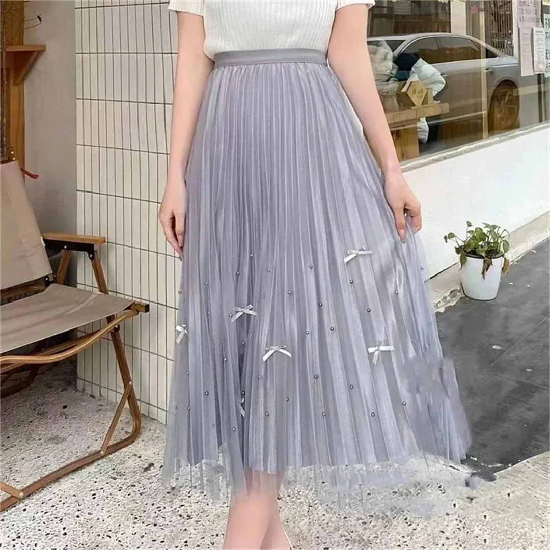 Women's Tulle Skirt High Waist Stretch Casual Beaded A-Line Pleated Solid Midi Skirts
