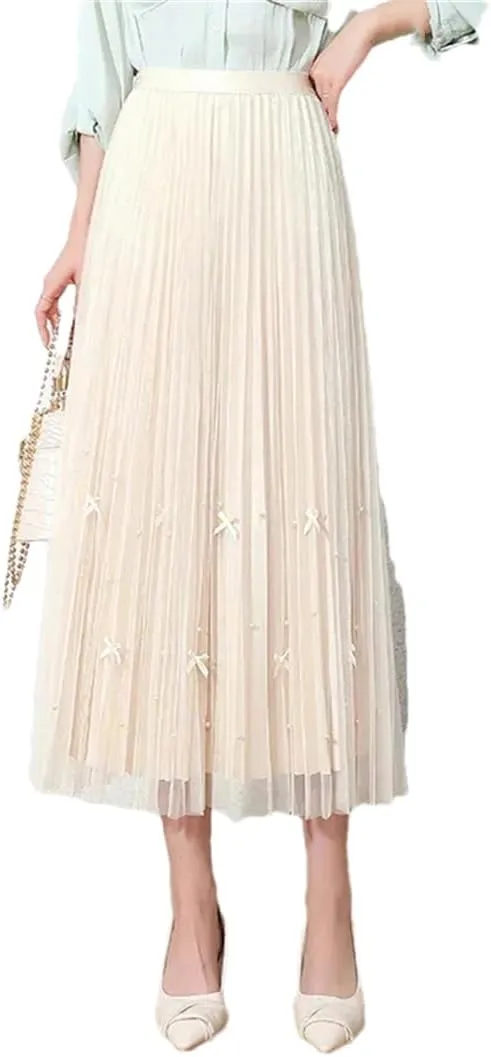 Women's Tulle Skirt High Waist Stretch Casual Beaded A-Line Pleated Solid Midi Skirts