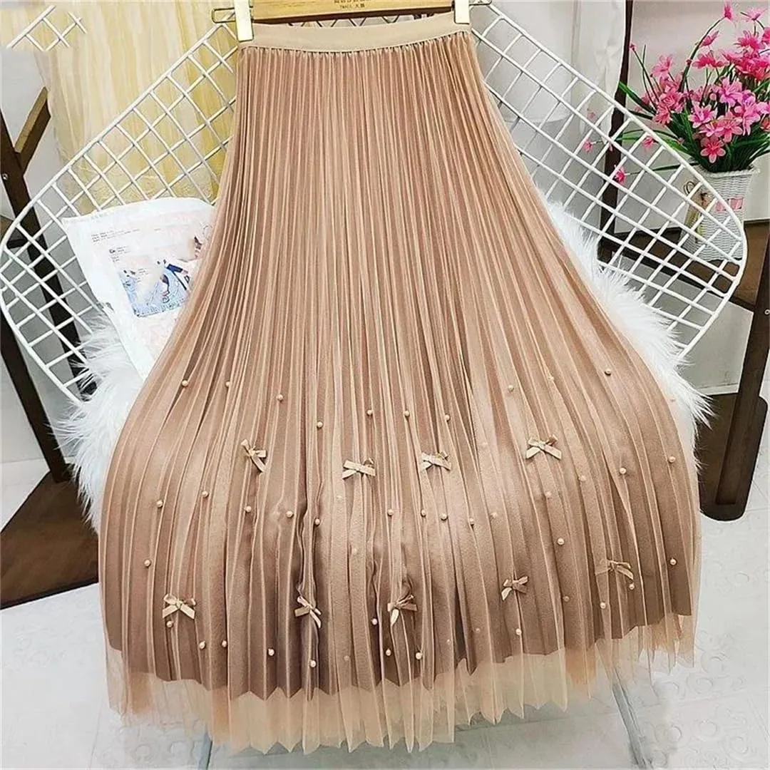 Women's Tulle Skirt High Waist Stretch Casual Beaded A-Line Pleated Solid Midi Skirts