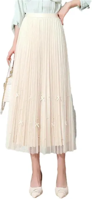 Women's Tulle Skirt High Waist Stretch Casual Beaded A-Line Pleated Solid Midi Skirts