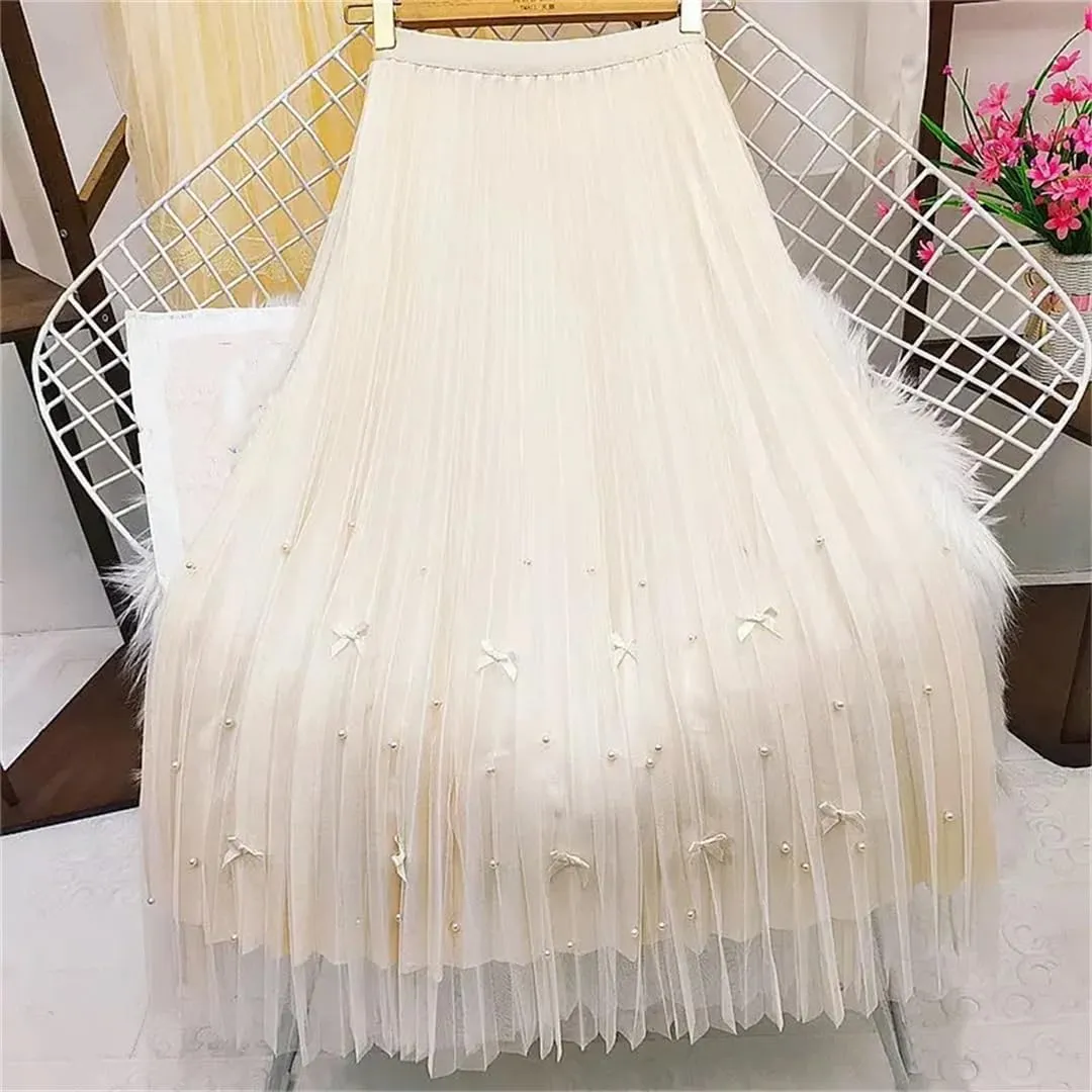 Women's Tulle Skirt High Waist Stretch Casual Beaded A-Line Pleated Solid Midi Skirts