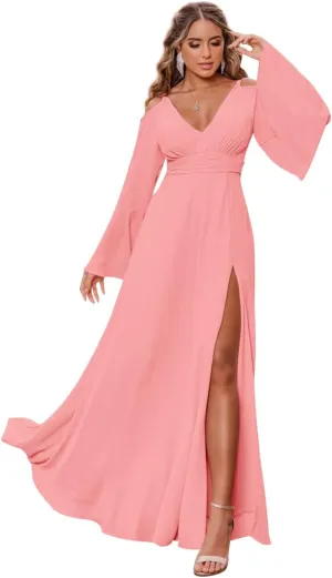Women's V Neck Bridesmaid Dresses for Wedding Long Sleeves Pleated Chiffon Formal Evening Gown